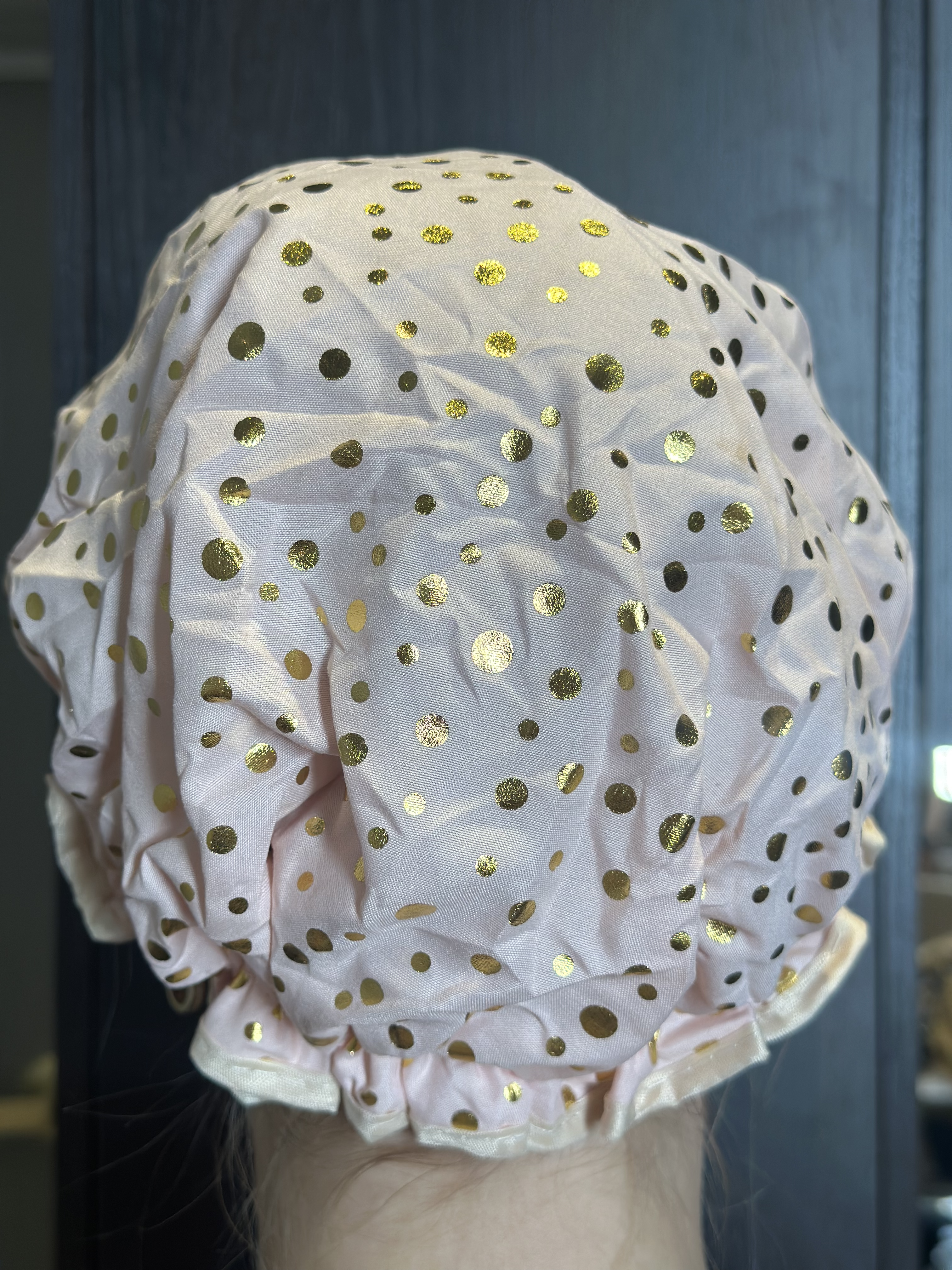 GODDESS SHOWER CAP - PALE PINK + GOLD POLKA DOTS